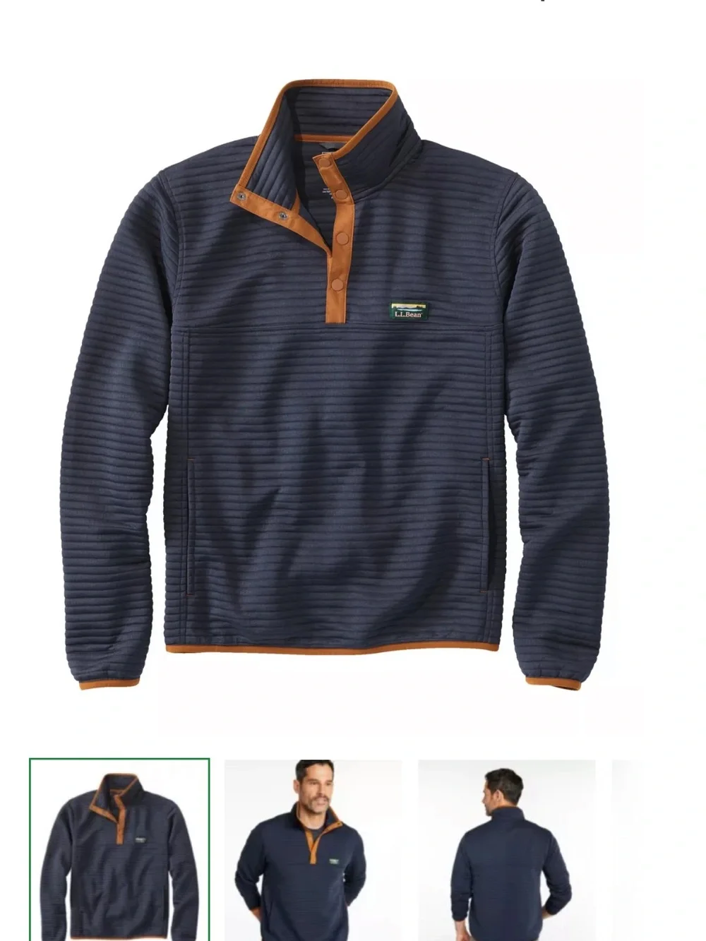 NWT L.L. Bean Airlight Navy Pullover with Brown Contrast Trim